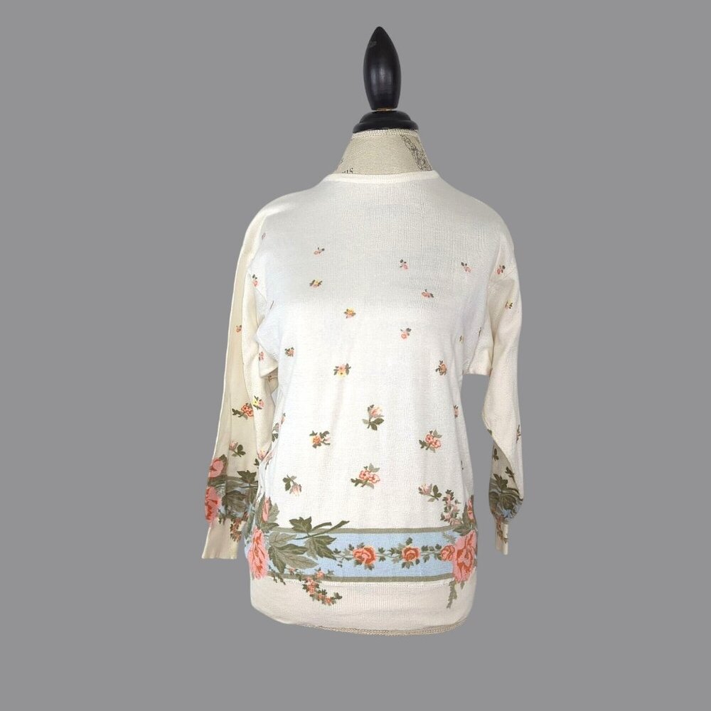 Vintage Mondi Floral Sweater Small White Knit